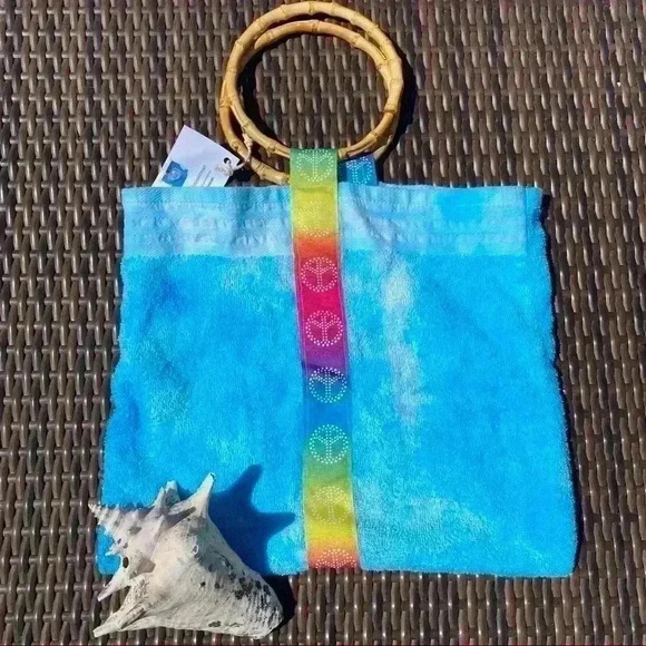 New Beach Towel Bag Surf Sun tie dye Wooden Handles Handmade - Picture 4 of 8